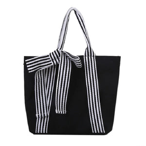 Bow Tote Bag Large Capacity Canvas Bag with Striped Strap