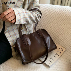 Brown PU Leather Shoulder Bag Vintage Zipper Large Capacity Underarm Handbag