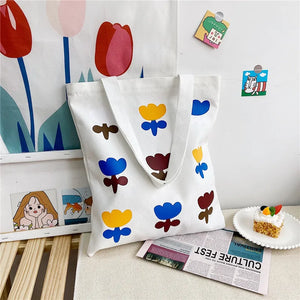 Canvas Floral Printed Shoulder Bag Zipper Satchel
