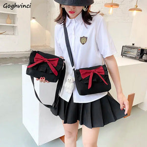 Canvas Japanese Preppy Style Shoulder Bag with Bow