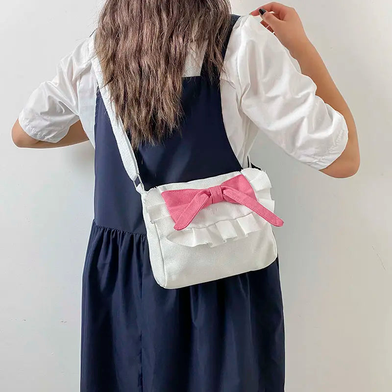 Canvas Japanese Preppy Style Shoulder Bag with Bow