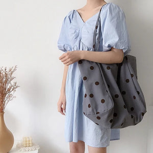 Canvas Shoulder Bag Large Capacity Dot Casual Totes Embroidery School Bag
