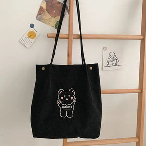 Corduroy Cartoon Embroidery Shoulder Bag for Women Students Travel