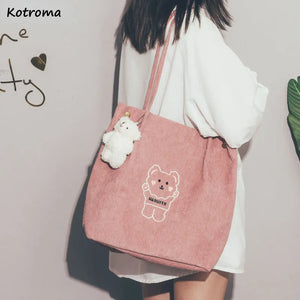 Corduroy Cartoon Embroidery Shoulder Bag for Women Students Travel