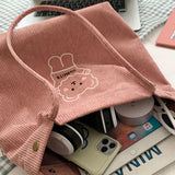 Corduroy Cartoon Embroidery Shoulder Bag for Women Students Travel