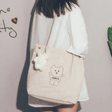 Corduroy Cartoon Embroidery Shoulder Bag for Women Students Travel
