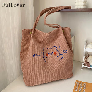 Bear Embroidered Velvet Handbags Large Capacity Tote Bags