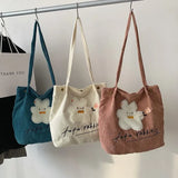 Bear Embroidered Velvet Handbags Large Capacity Tote Bags