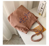 Bear Embroidered Velvet Handbags Large Capacity Tote Bags