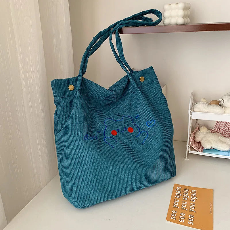 Bear Embroidered Velvet Handbags Large Capacity Tote Bags