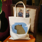 Capybara Print Reusable Shopping Bag Canvas Tote Bags Eco-Friendly