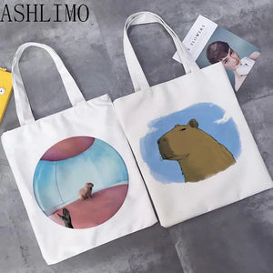 Capybara Print Reusable Shopping Bag Canvas Tote Bags Eco-Friendly