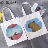 Capybara Print Reusable Shopping Bag Canvas Tote Bags Eco-Friendly