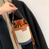 Women Shoulder Bags Cylinder PU Leather Bucket Crossbody Bag Casual Drawstring H