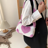 Women Heart Printing Shoulder Bag Warm Plush Tote Handbag