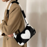 Women Heart Printing Shoulder Bag Warm Plush Tote Handbag