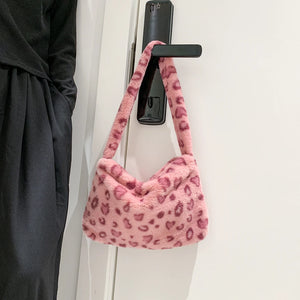 Leopard Pattern Underarm Bag Plush Shopping Bags Vintage Lady