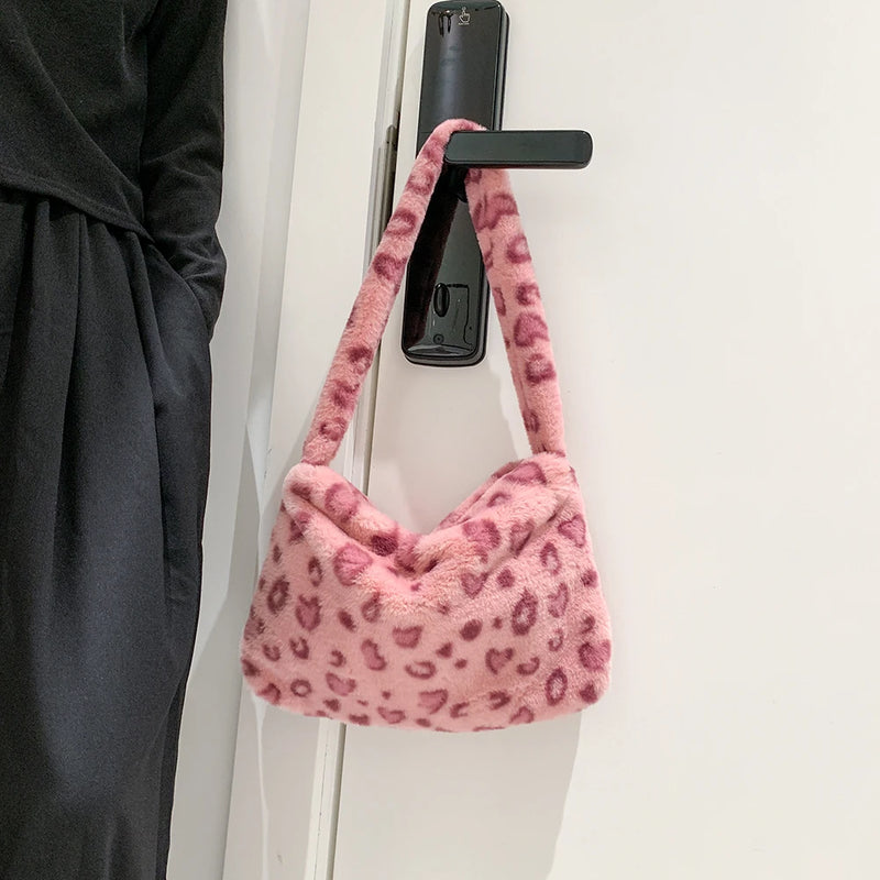 Leopard Pattern Underarm Bag Plush Shopping Bags Vintage Lady