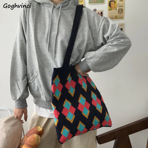 Vintage Plaid Panelled Shoulder Bags Big Capacity Handbags