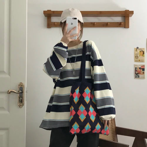 Vintage Plaid Panelled Shoulder Bags Big Capacity Handbags