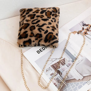 Leopard Pattern Shoulder Bag Plush Travel Handbag