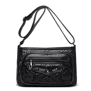 Pleated Leather Shoulder Bag Large Capacity Crossbody Messenger Bag
