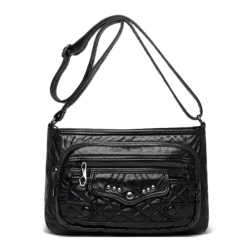 Pleated Leather Shoulder Bag Large Capacity Crossbody Messenger Bag