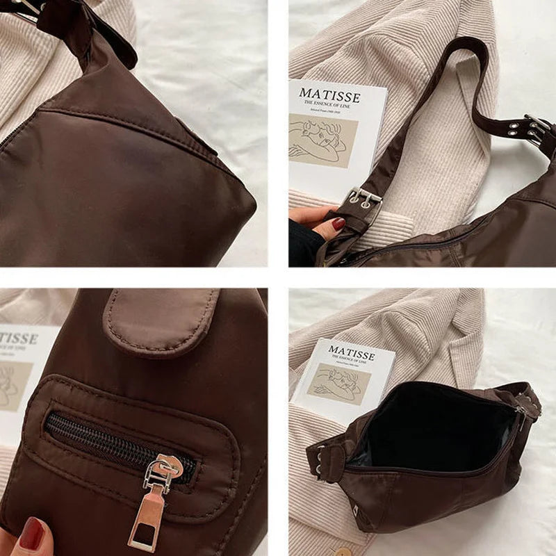 Nylon Shoulder Bag Vintage Style Large Zipper Handbag