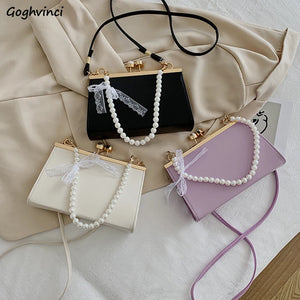 Women Shoulder Bag PU Leather Lace Pearls Handbag Cross-body