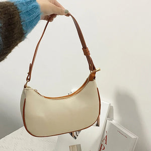 Women Shoulder Bags PU Leather Panelled Zipper Half Moon Underarm Bag