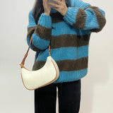 Women Shoulder Bags PU Leather Panelled Zipper Half Moon Underarm Bag