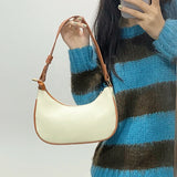 Women Shoulder Bags PU Leather Panelled Zipper Half Moon Underarm Bag