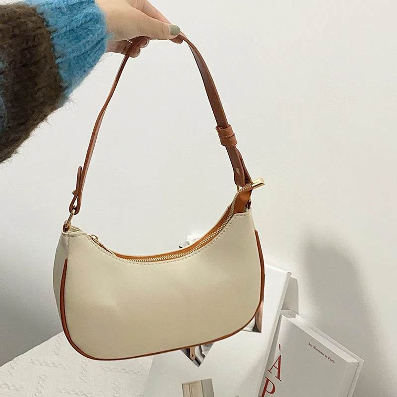Women Shoulder Bags PU Leather Panelled Zipper Half Moon Underarm Bag