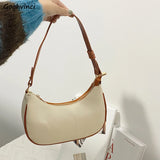 Women Shoulder Bags PU Leather Panelled Zipper Half Moon Underarm Bag