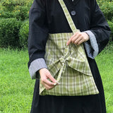 Plaid Vintage Shoulder Bag with Bow Design