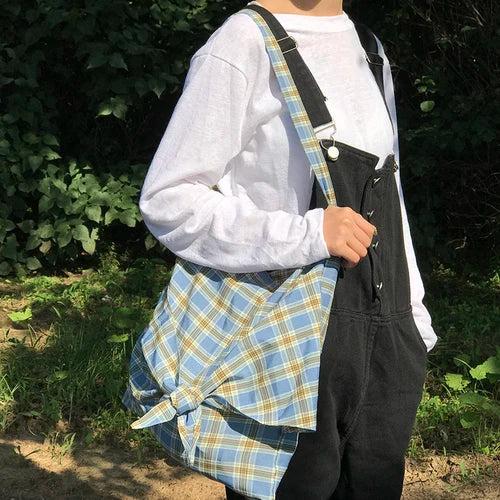 Plaid Vintage Shoulder Bag with Bow Design