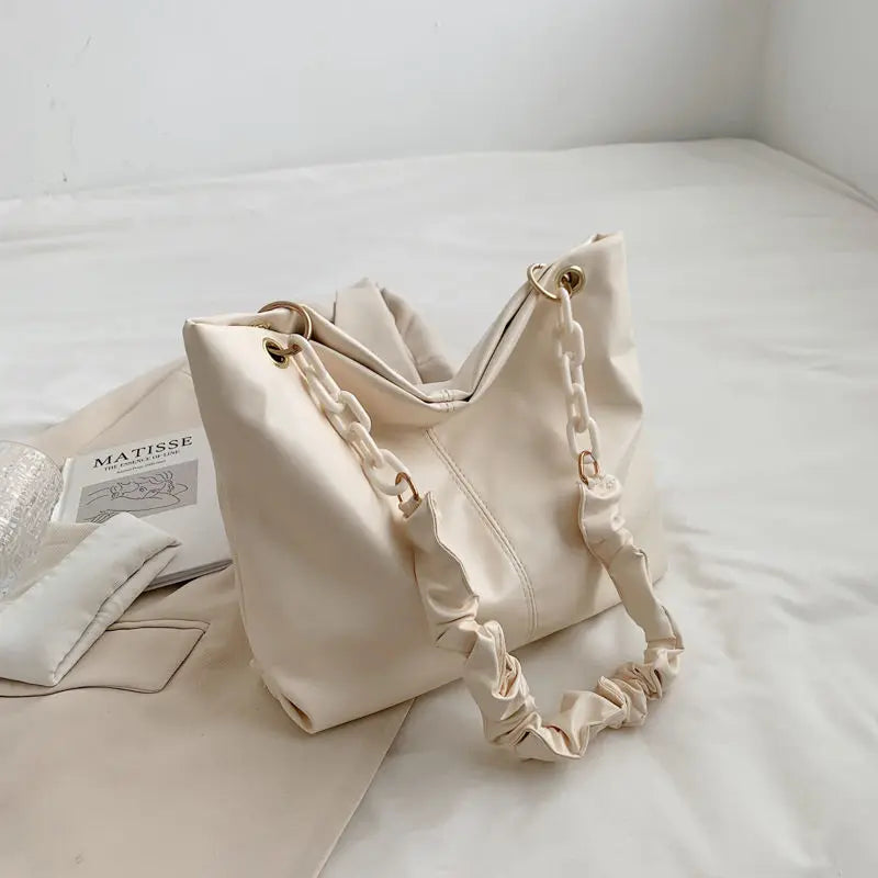 Pleated PU Leather Shoulder Bag Large Capacity Chain Handbag Underarm Texture OL