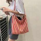 Large Capacity Canvas Shoulder Bag Striped Totes Handbag