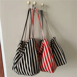 Large Capacity Canvas Shoulder Bag Striped Totes Handbag