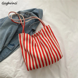 Large Capacity Canvas Shoulder Bag Striped Totes Handbag
