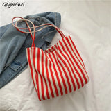 Large Capacity Canvas Shoulder Bag Striped Totes Handbag