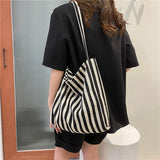 Large Capacity Canvas Shoulder Bag Striped Totes Handbag