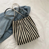 Large Capacity Canvas Shoulder Bag Striped Totes Handbag