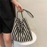 Large Capacity Canvas Shoulder Bag Striped Totes Handbag