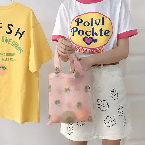 Mesh Translucent Shoulder Bag Floral Embroidery Beach Handbag