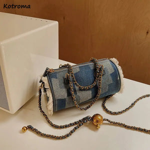 Denim Shoulder Bag Vintage Chain Patchwork Tassel Style