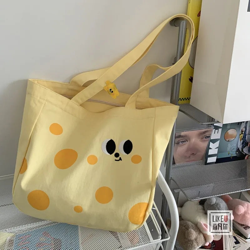 Yellow Canvas Shoulder Bag Sweet Preppy Style Students Casual Tote Bag
