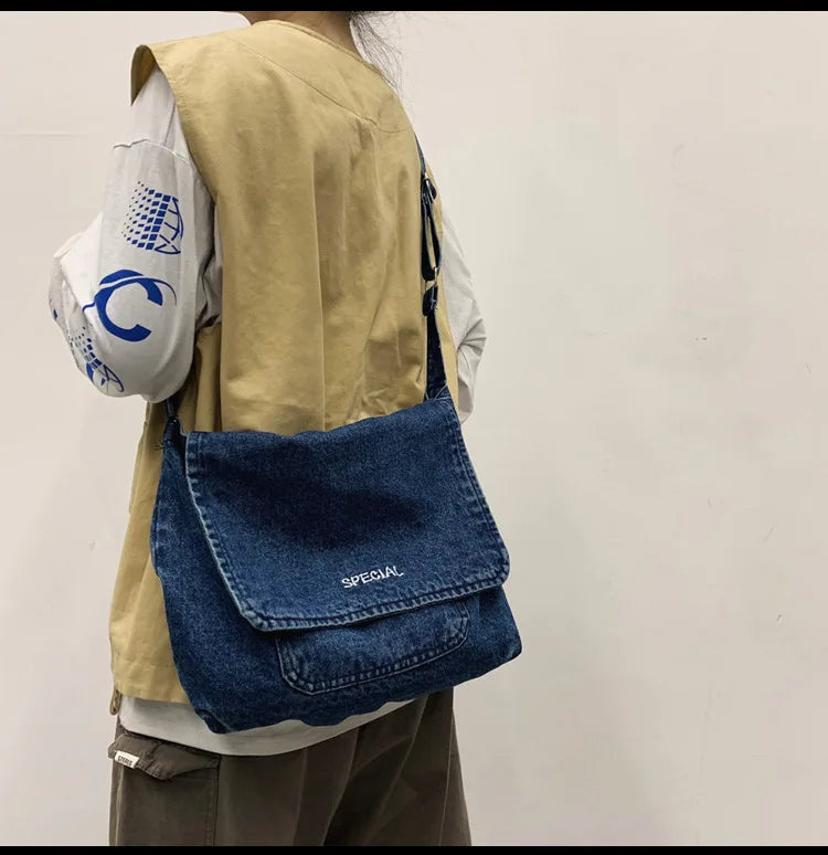 Japanese Canvas Crossbody Bag Large Messenger Bag Denim Handbag