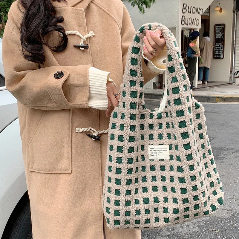 Fluffy Waffle Fleece Shoulder Bag Large Capacity Tote