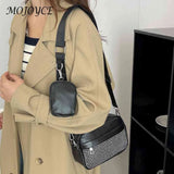 Women 2 in 1 Shoulder Handbag Rhombus Pattern Leather Combo Set